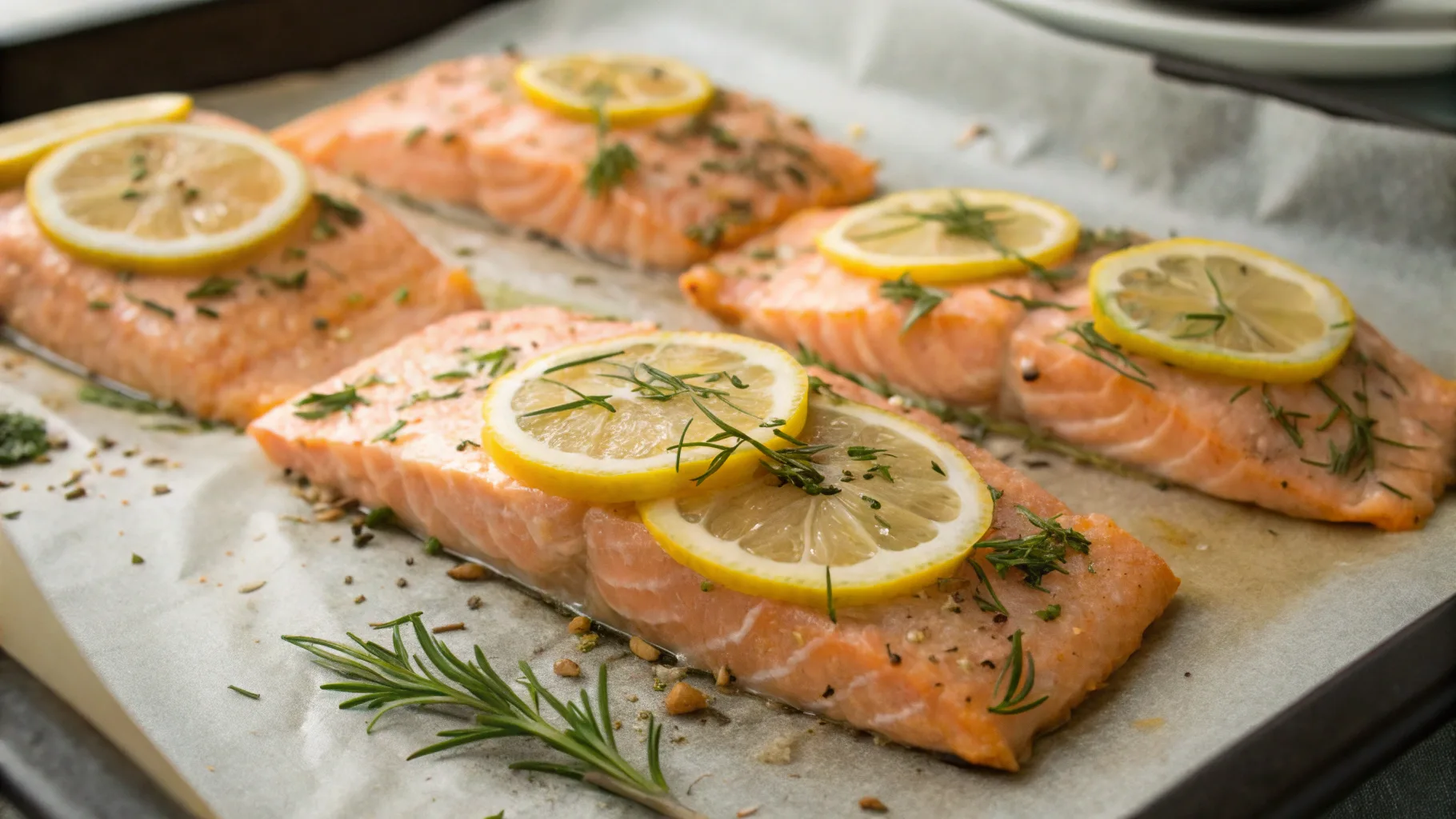 Baked Pink Salmon with Lemon and Herbs served fresh on parchment