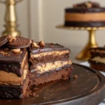Chocolate praline crunch cake with gooey praline topping