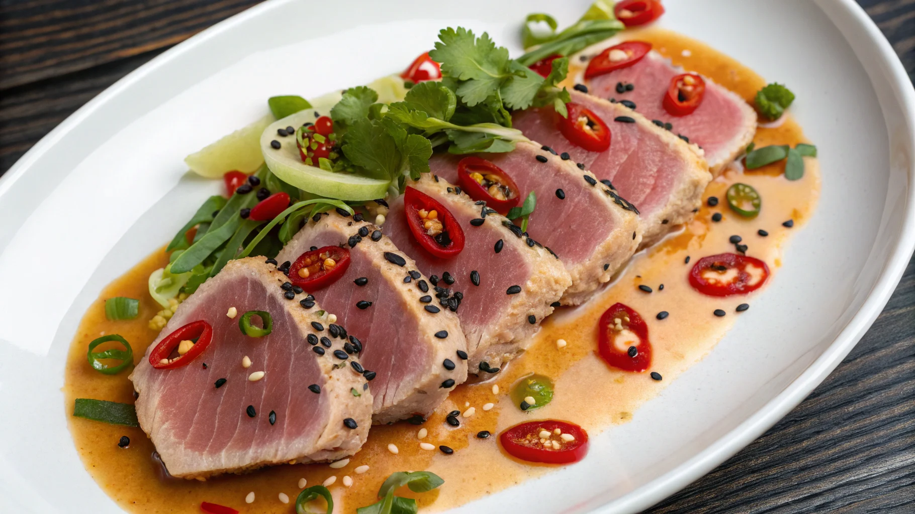 seared tuna tataki salad close-up with fresh greens and ponzu
