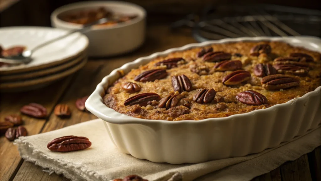Pecan pie dump cake fresh out of the oven with a golden top