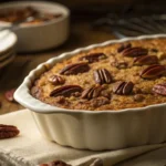 Pecan pie dump cake fresh out of the oven with a golden top