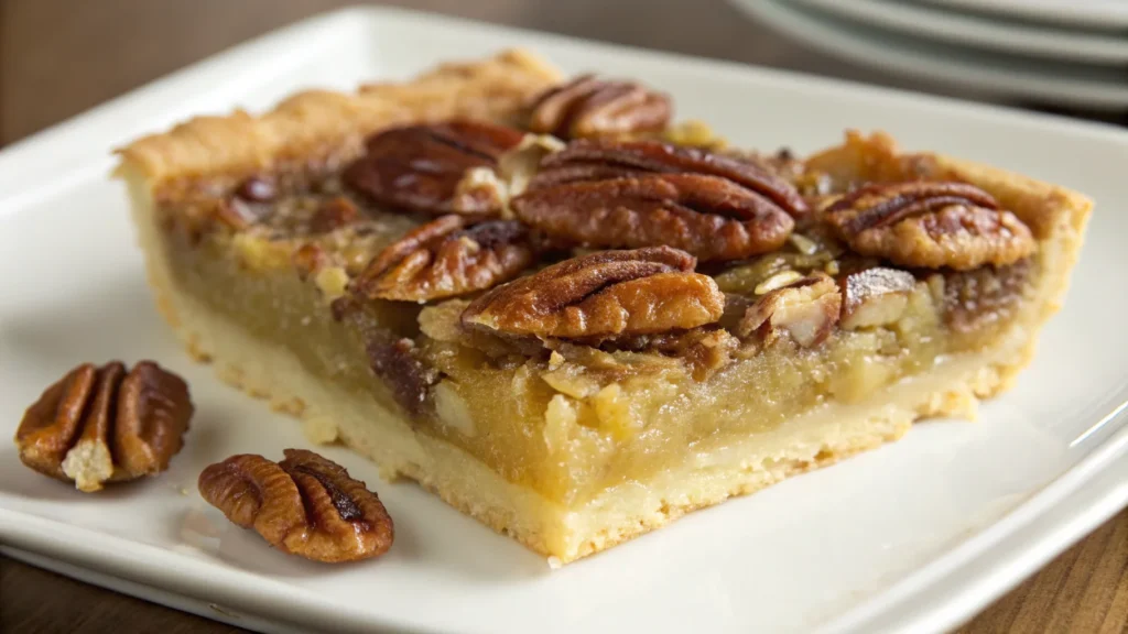 Close-up of baked pecan pie dump cake in rustic pan