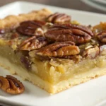 Close-up of baked pecan pie dump cake in rustic pan
