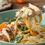 jerk chicken pasta alfredo on white plate