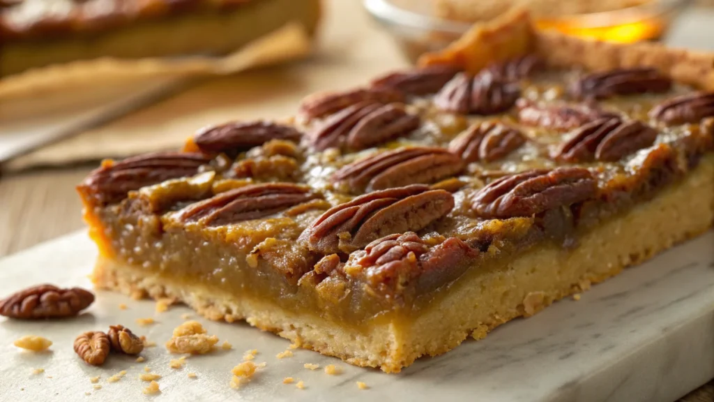 This close-up image features a rich and buttery easy pecan pie dump cake recipe​ served warm with melting ice cream—a perfect Southern dessert.