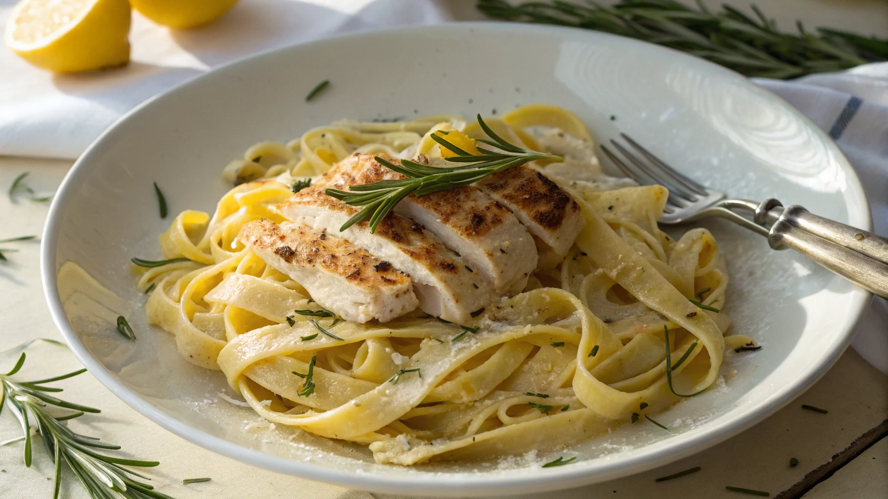 Creamy chicken pasta served in a rustic bowl