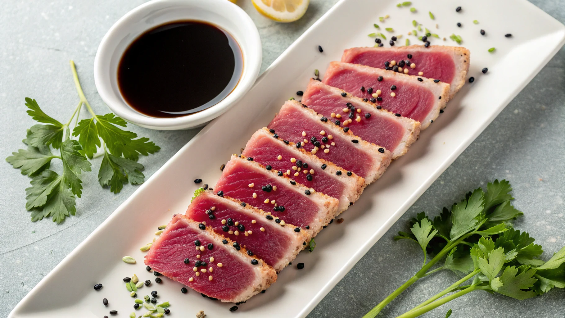 Seared peppered ahi tuna Outback style on plate