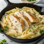 creamy garlic parmesan chicken pasta recipe in a white bowl