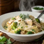 broccoli chicken cream pasta served hot