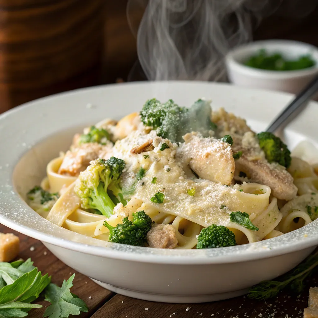 broccoli chicken cream pasta served hot