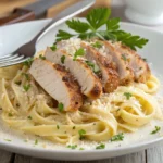 Creamy Garlic Parmesan Chicken with Cheesy Twisted Pasta 6 Creamy Garlic Parmesan Chicken with Cheesy Twisted Pasta in a white bowl