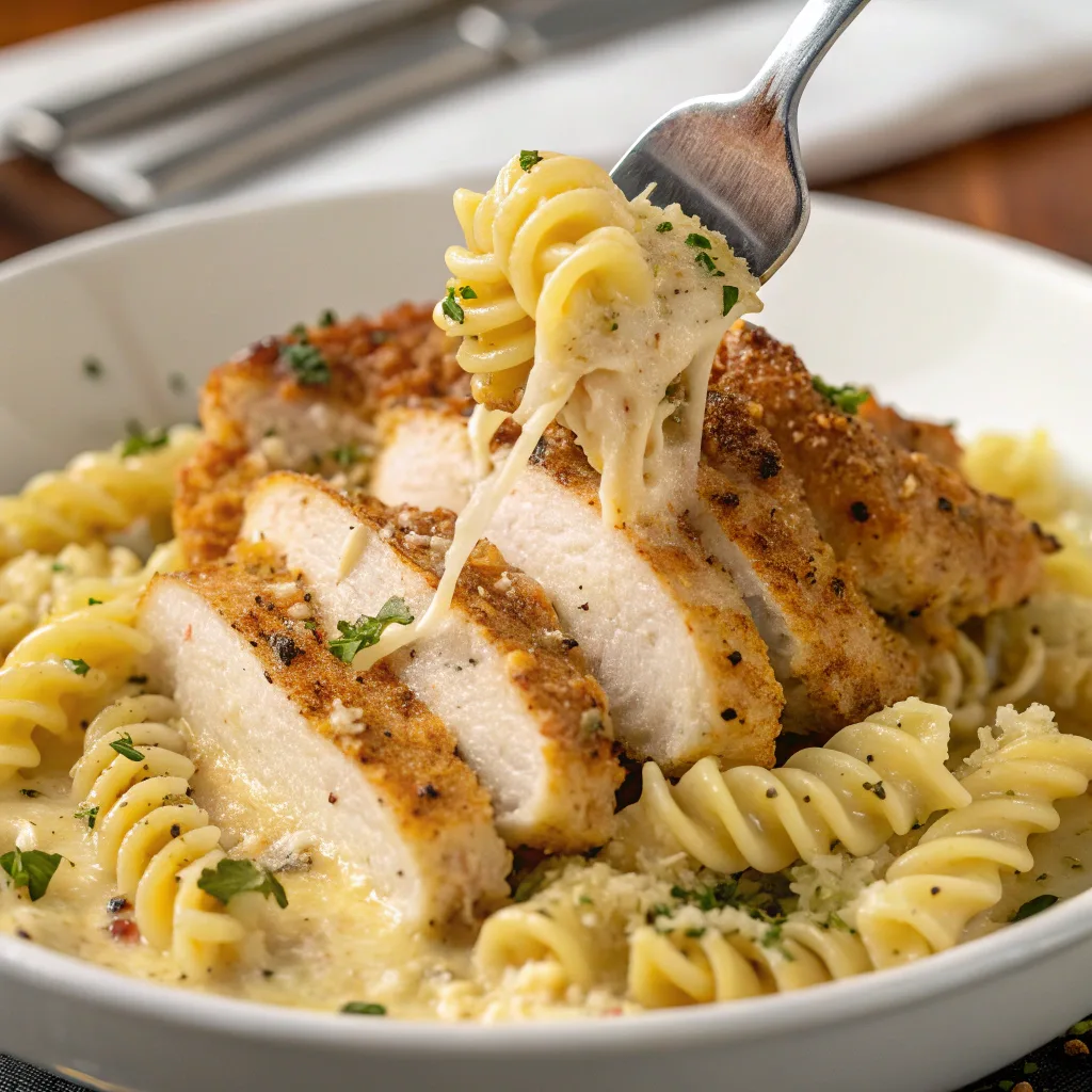 Creamy Garlic Parmesan Chicken with Cheesy Twisted Pasta 5 close up view of pasta dish with chicken closely 1