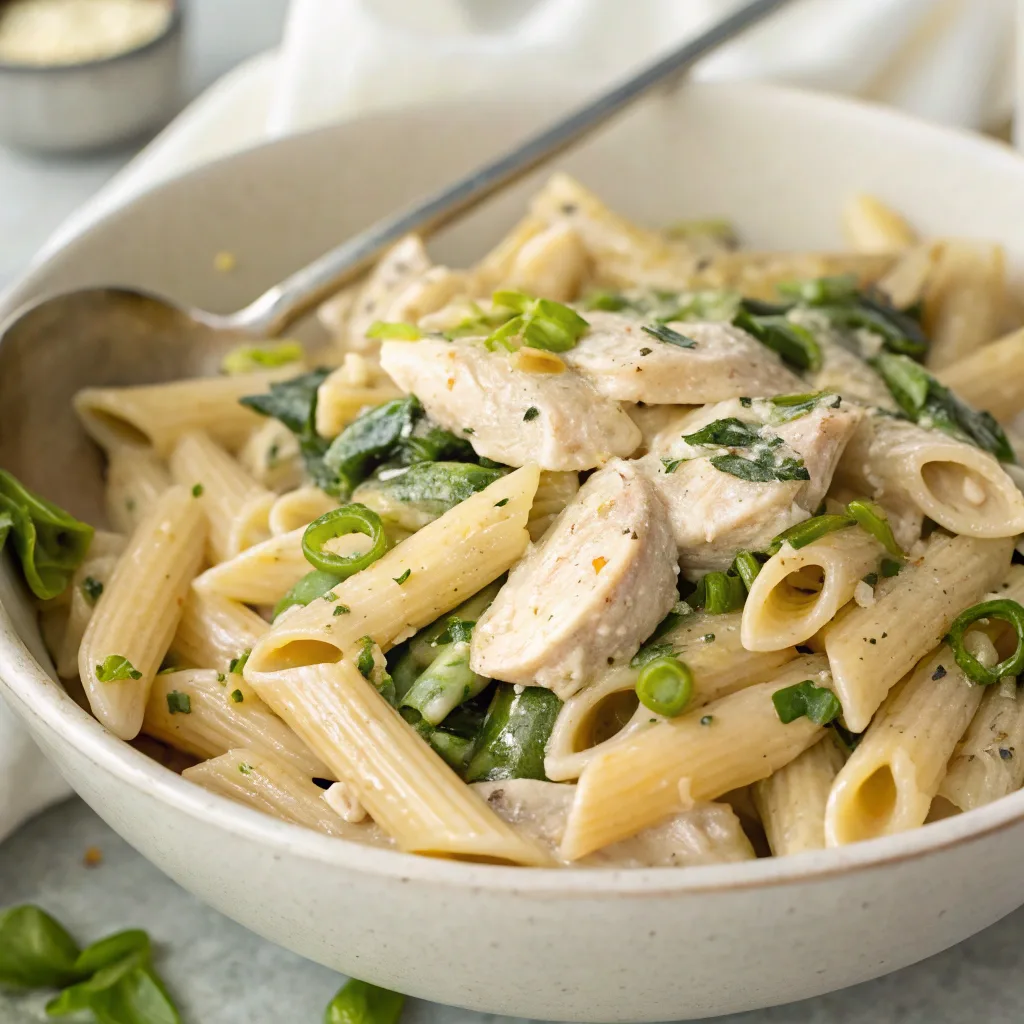 Parmesan garlic chicken pasta in skillet with creamy sauce