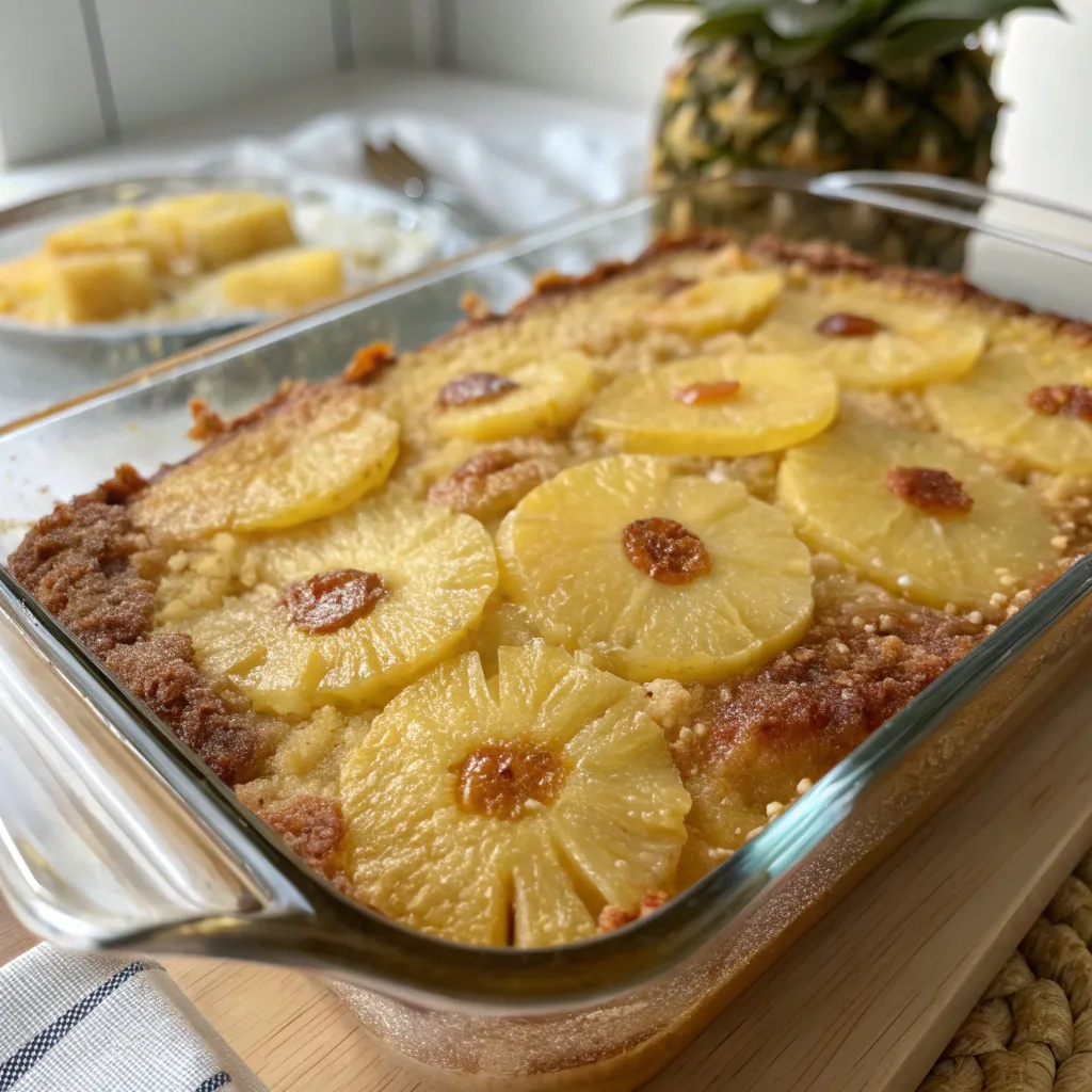 Easy Pineapple Dump Cake bubbling in a glass baking dish