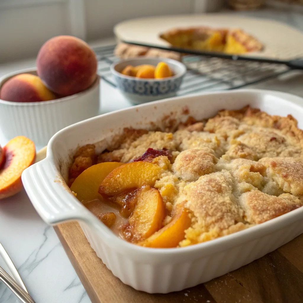 Pouring canned peaches into baking dish for dump cake