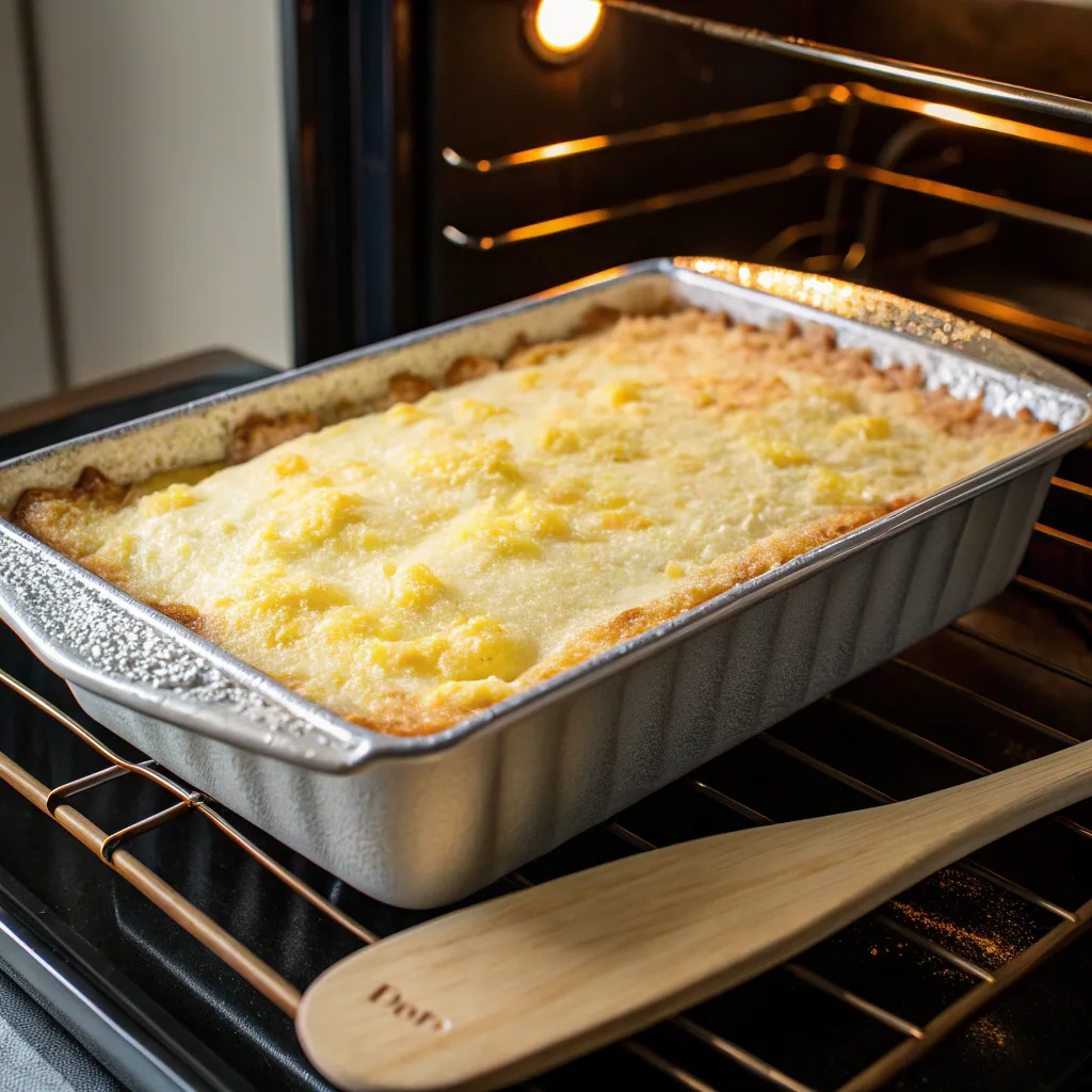 Lemon Dump Cake with Cream Cheese: Creamy, Easy, and Family-Favorite Dessert 10 Lemon Dump Cake with Cream Cheese baking in pan