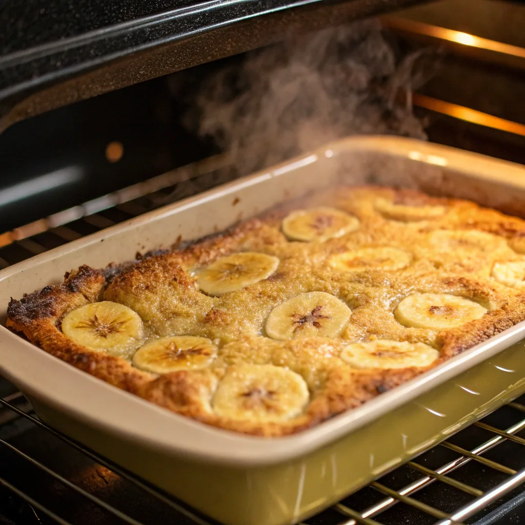 Banana Dump Cake with Walnuts: Easy, Family-Favorite Dessert 10 Banana dump cake baking in oven