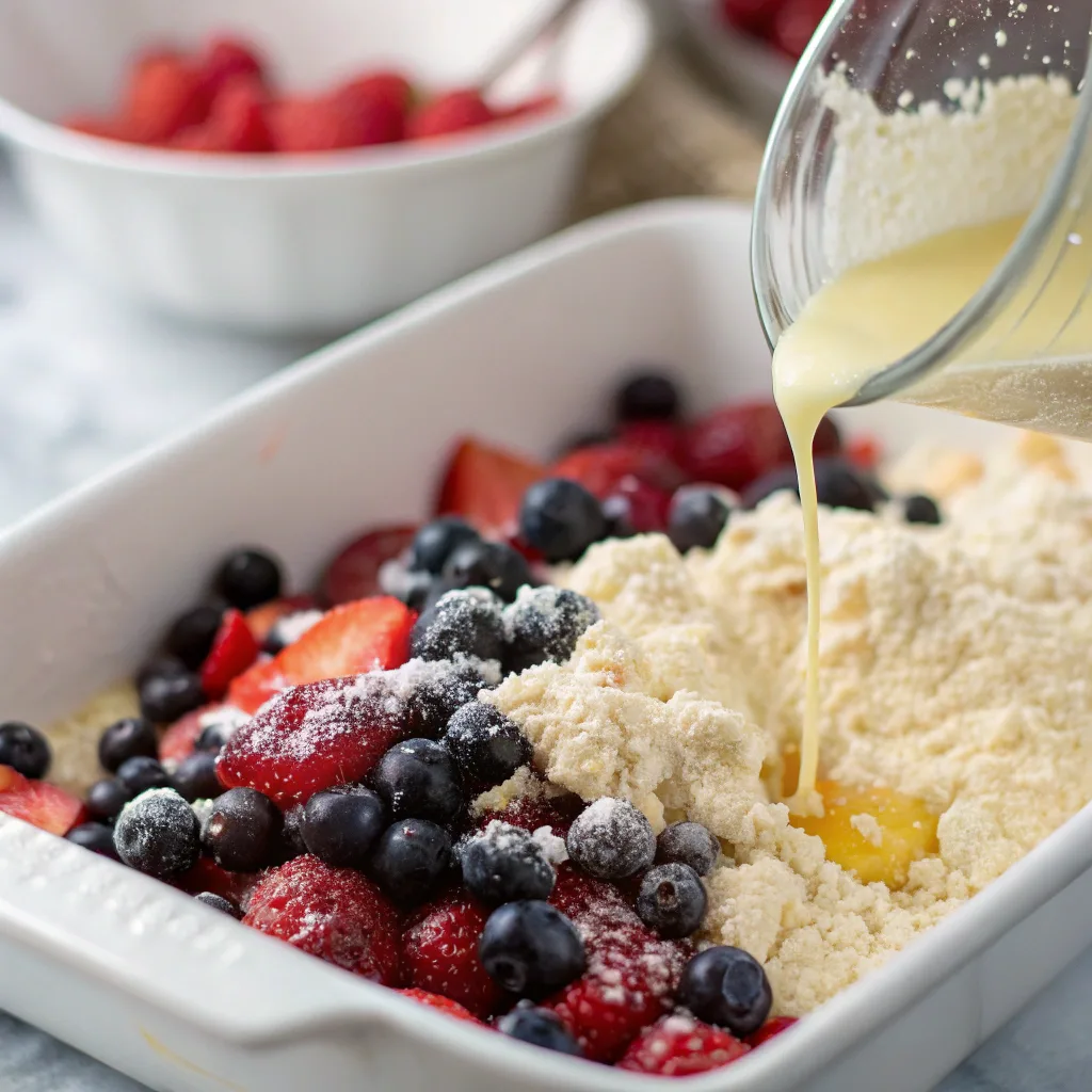 Mixed Berry Dump Cake Recipe: Easy, Quick, and Family-Favorite Dessert 10 pouring butter over mixed berry dump cake