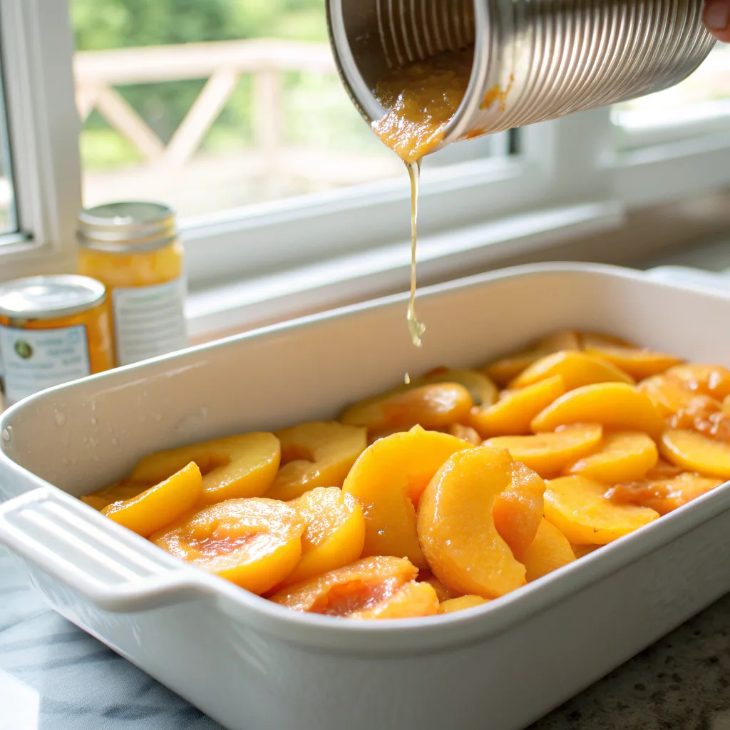 Peach Dump Cake Recipe: Simple, Juicy, and Irresistibly Sweet 7 Sprinkling cake mix over peaches in baking dish