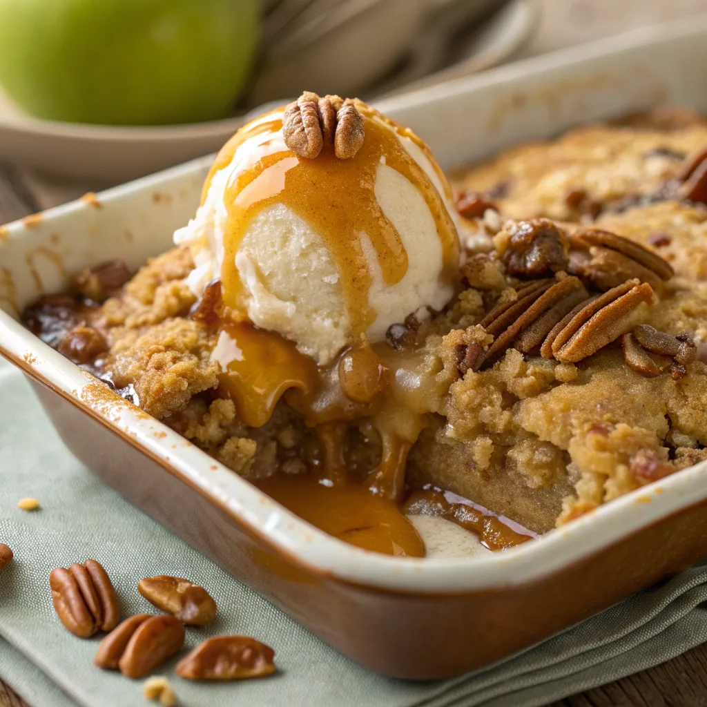 caramel apple dump cake with pecans served hot