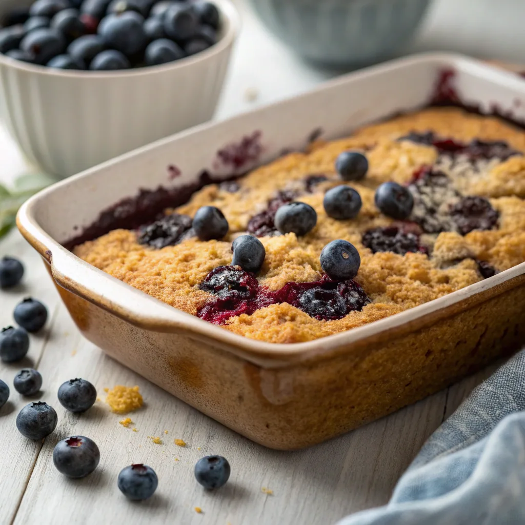 Diabetic-friendly blueberry dump cake served hot