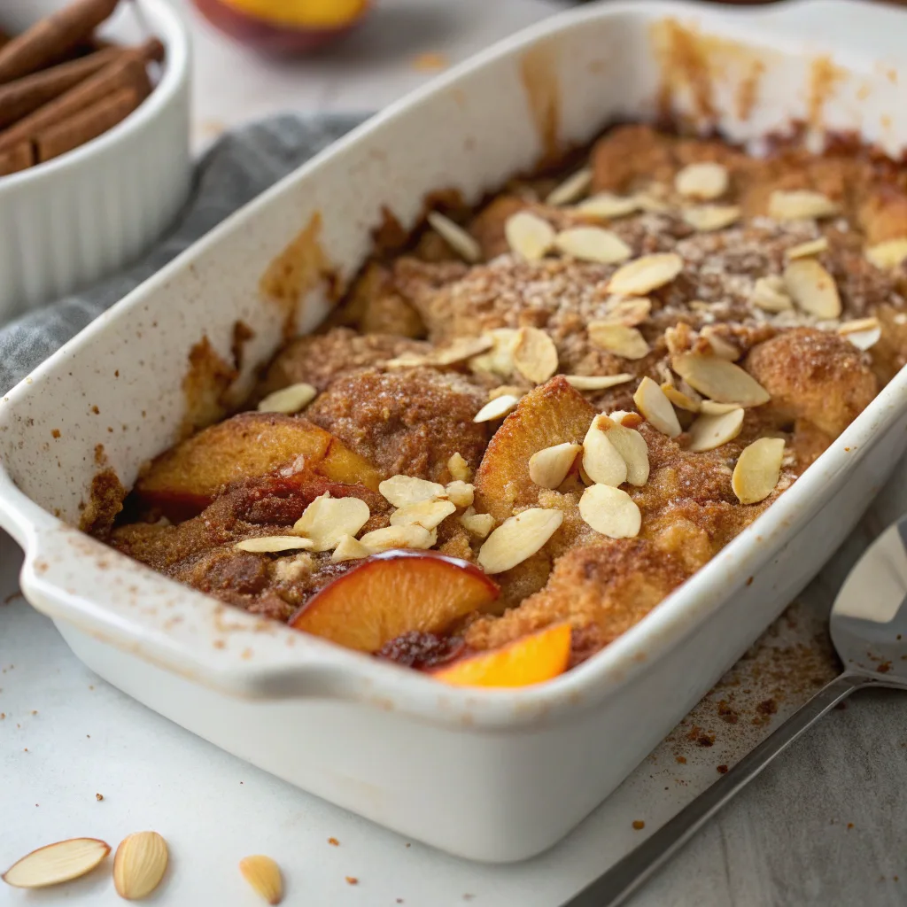 Diabetic-friendly peach dump cake served hot