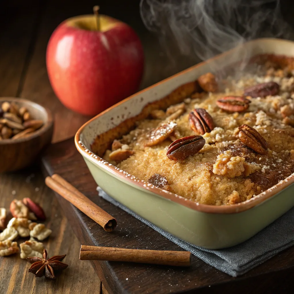 apple dump cake with cinnamon served hot