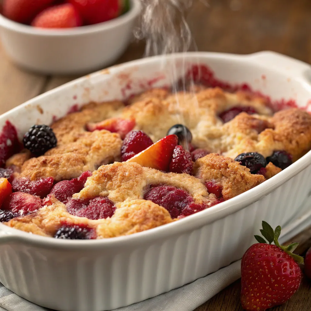 Strawberry dump cake with fresh berries