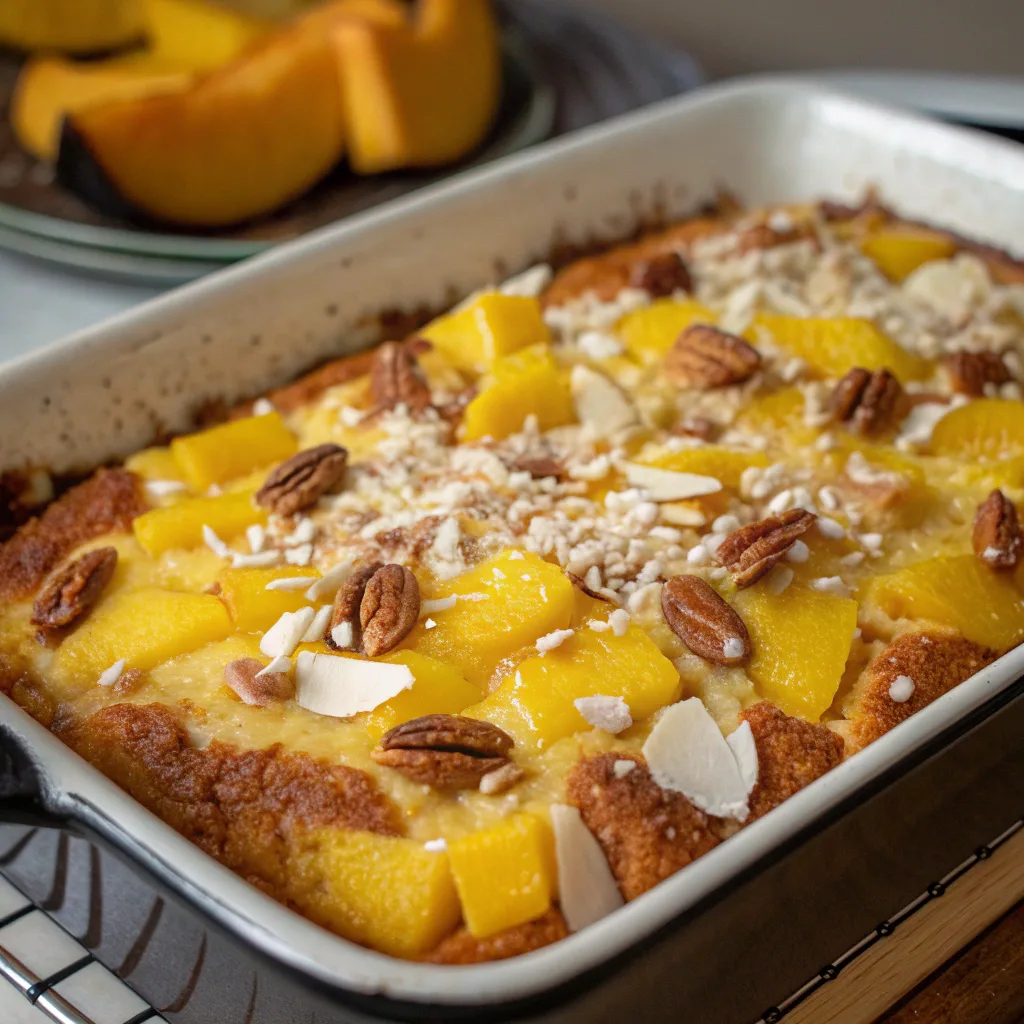 Mango dump cake with tropical flavors served warm