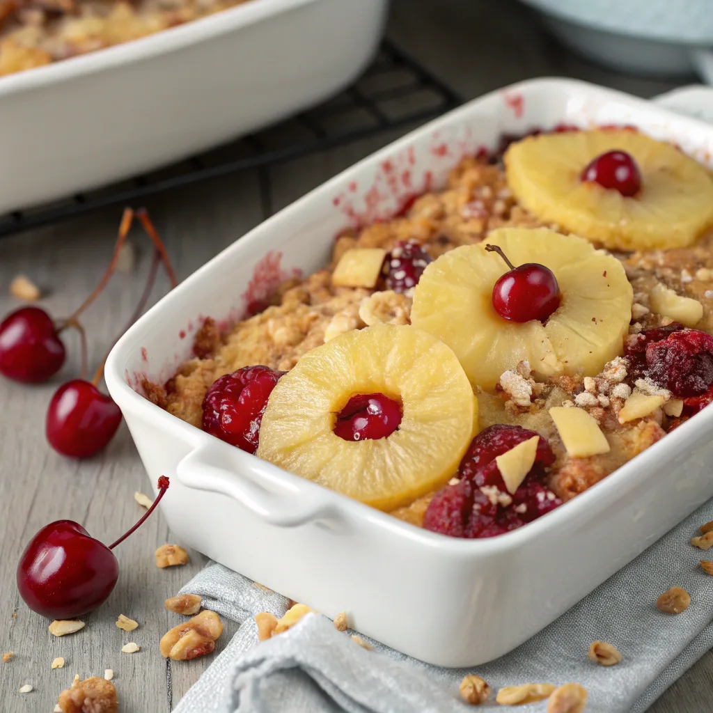 Family-Favorite Low-Fat Cherry Pineapple Dump Cake Recipe 6 Low-fat cherry pineapple dump cake served warm