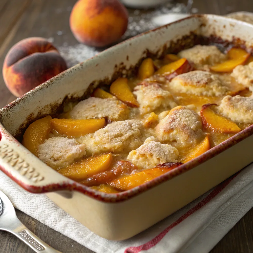 Low-Fat Peach Dump Cake served warm