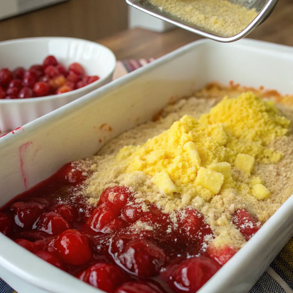 Classic Cherry Dump Cake Recipe – Easy, Quick & Delicious 7 Spreading cherry filling and layering cake mix in baking dish