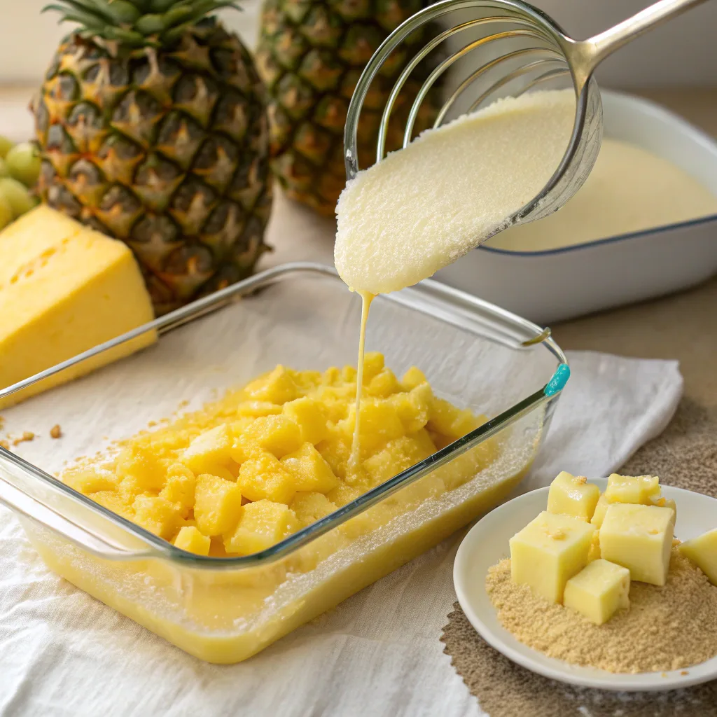 Easy Pineapple Dump Cake – Quick, Simple & Delicious 7 Pouring crushed pineapple into baking dish for dump cake