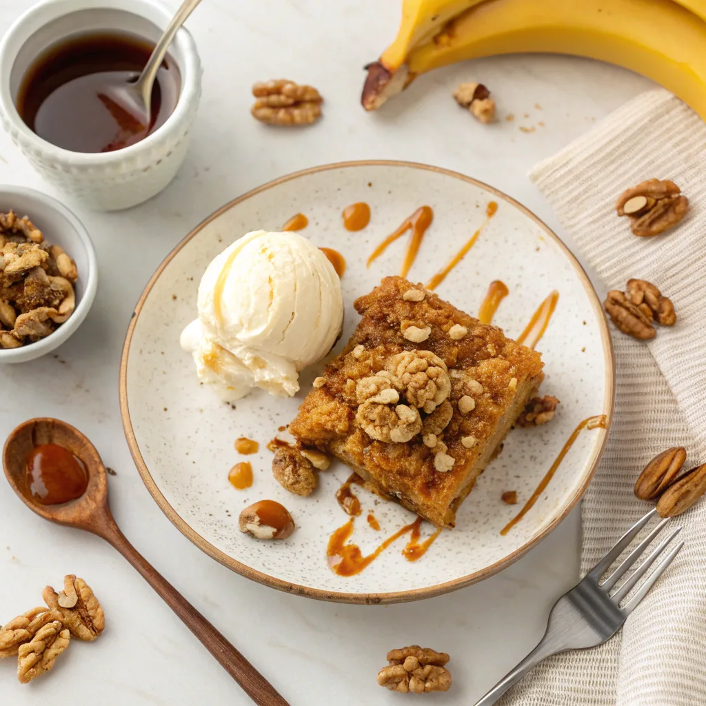 Banana Dump Cake with Walnuts: Easy, Family-Favorite Dessert 11 Plated banana dump cake with walnuts