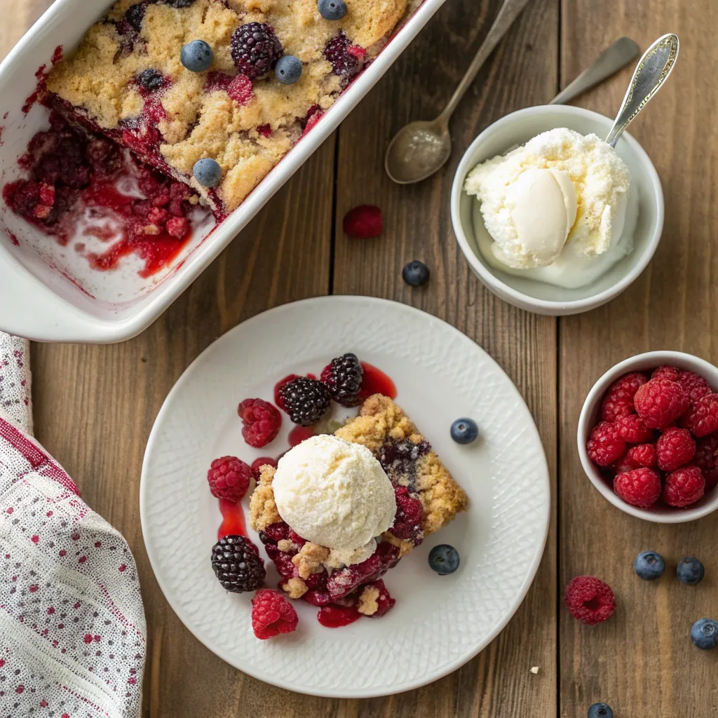 raspberry dump cake with oat topping served hot