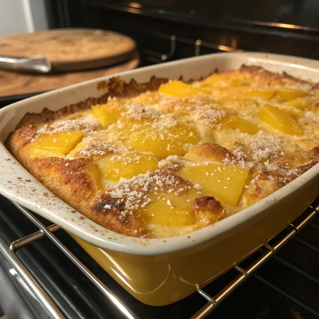Tropical Mango Dump Cake Recipe – Simple, Sweet, and Perfect 9 Mango dump cake baking in oven