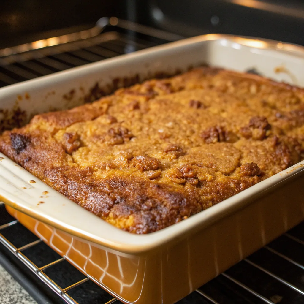 Pumpkin Dump Cake for Fall Baking: Easy, Cozy, and Family-Friendly Dessert 8 pumpkin dump cake baking in oven