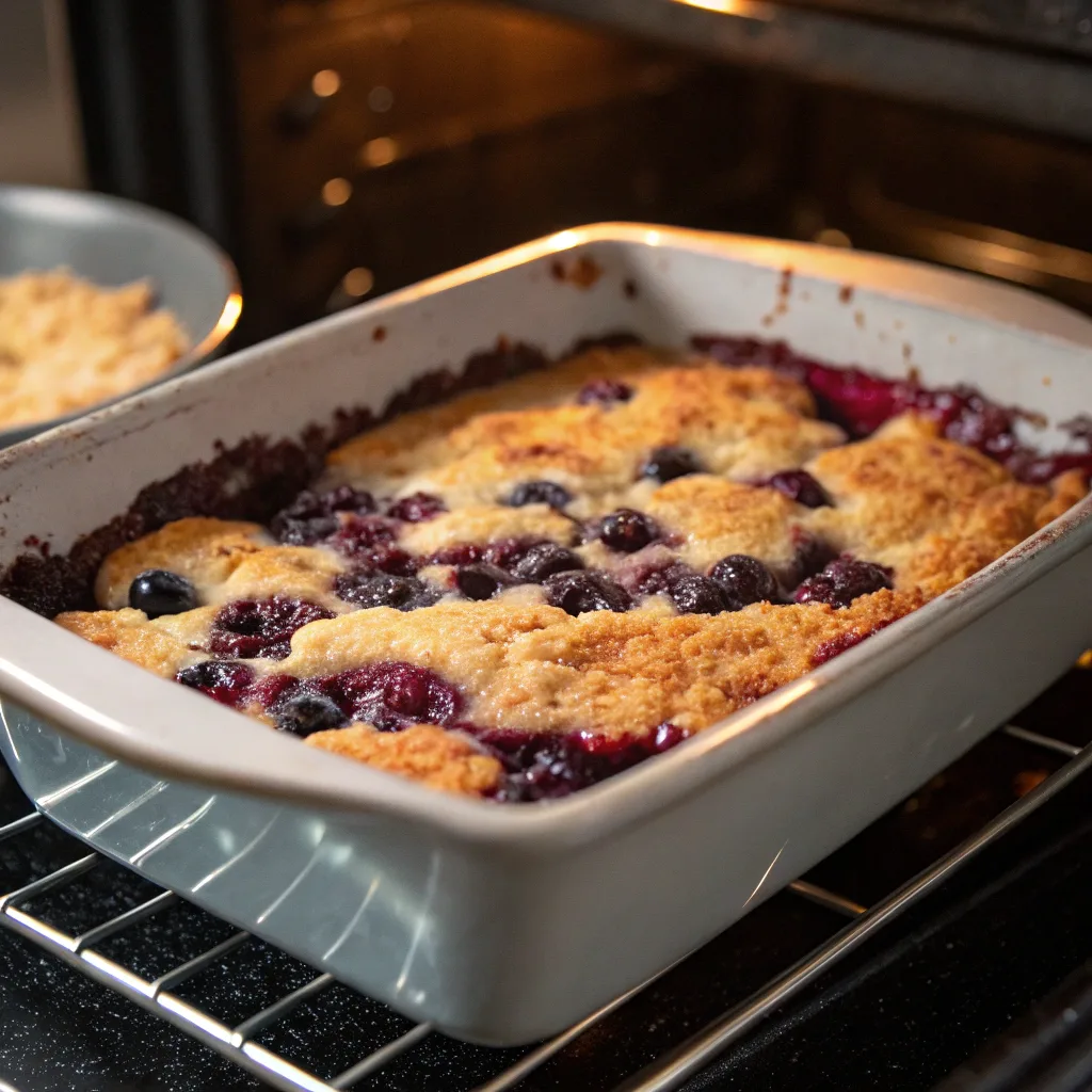 Nut-Free Blueberry Lemon Dump Cake: Easy, Bright, and Allergy-Friendly Dessert 10 Baking nut free blueberry lemon dump cake in oven