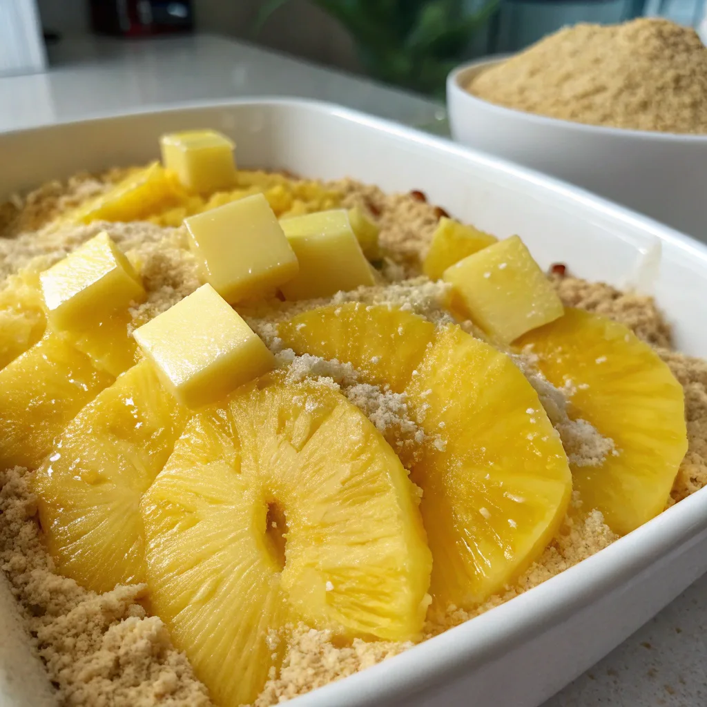 Easy Pineapple Dump Cake – Quick, Simple & Delicious 8 Yellow cake mix and butter over pineapple in baking dish