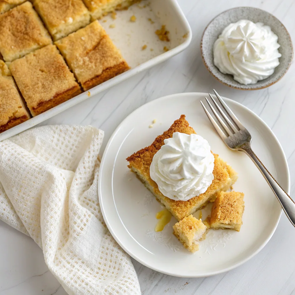 Nut-Free Pineapple Dump Cake Recipe – Quick & Delicious Dessert 11 Sliced Nut-Free Pineapple Dump Cake on plate