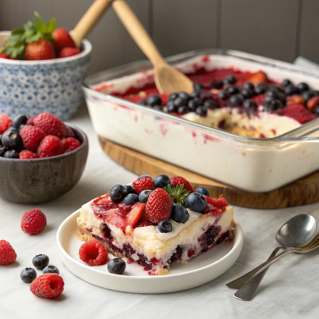 Vegan berry cheesecake dump cake with juicy berries and creamy cheesecake layer, baked golden and ready to serve