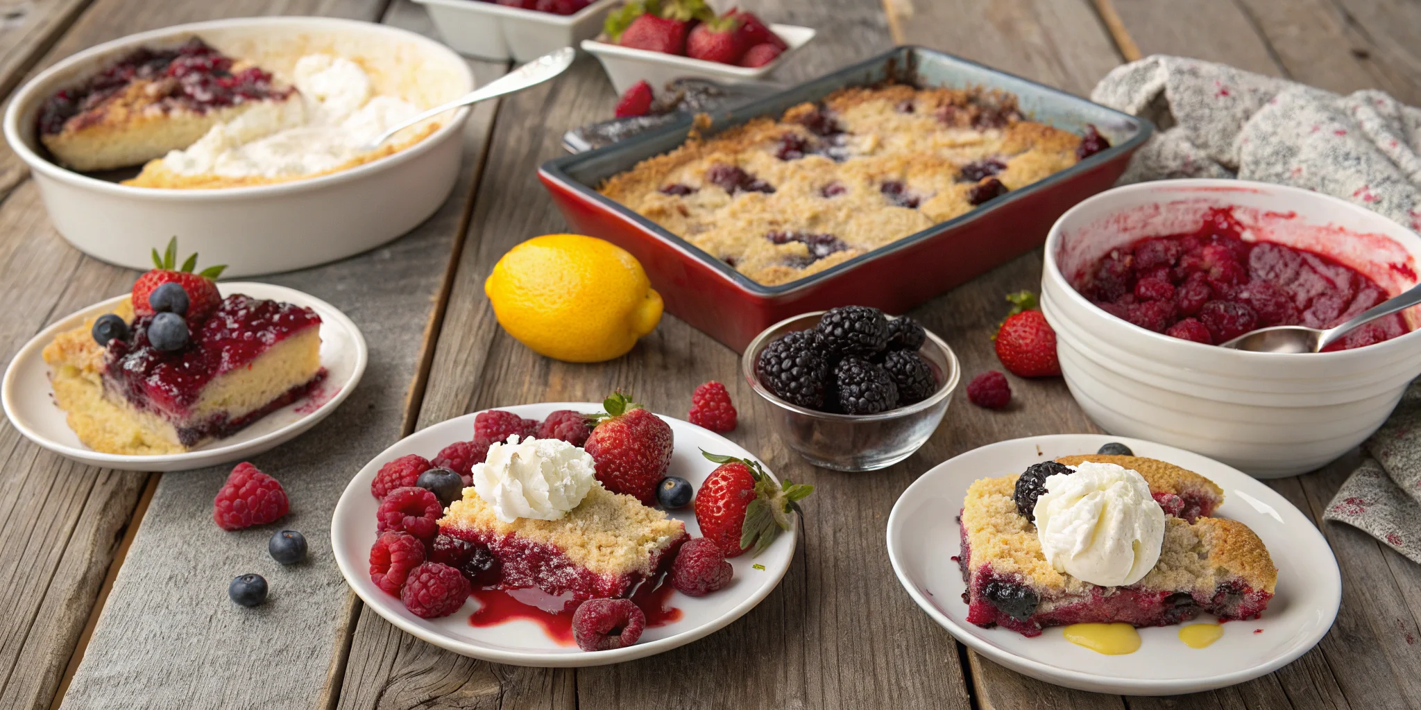 Mixed berry dump cake with strawberries, blueberries, and raspberries, fresh from the oven