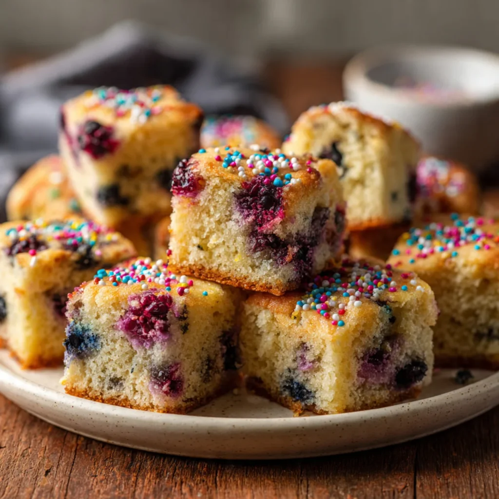Mini sugar cookie dump cake bites on plate with berries