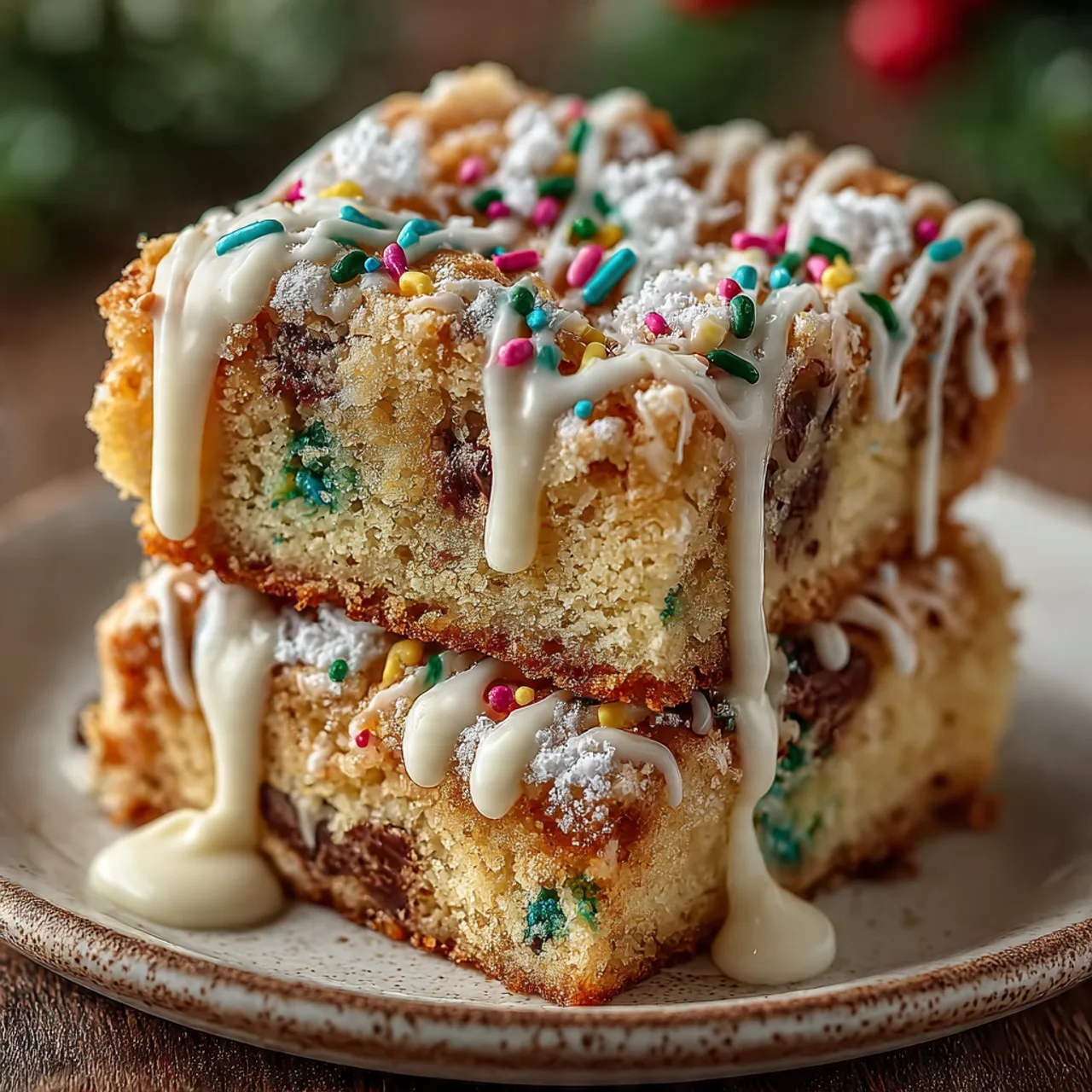 Holiday-themed sugar cookie dump cake with icing