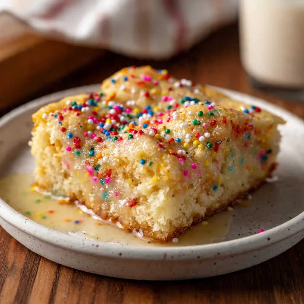 Slice of sugar cookie dump cake with sprinkles