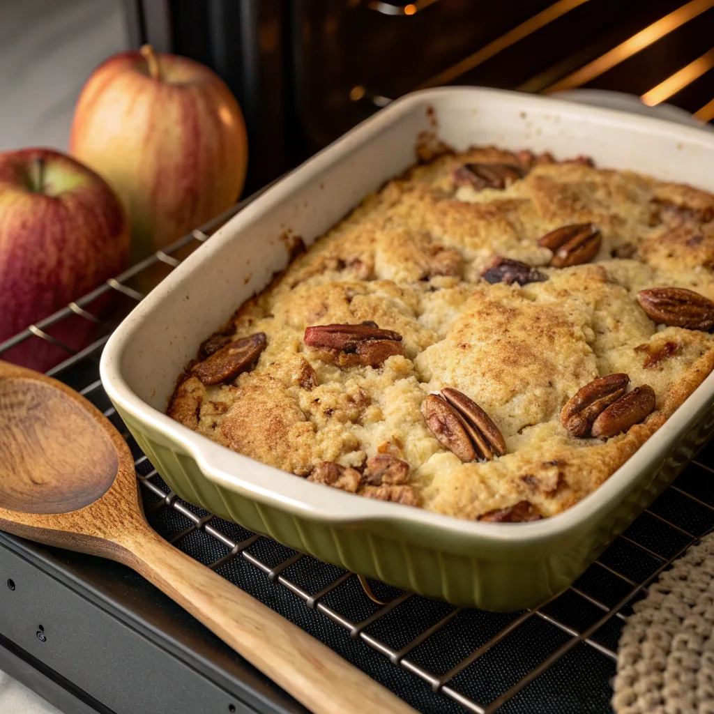 Easy Apple Pecan Dump Cake with Pecans and Caramel Twist 10 Baking Apple Pecan Dump Cake in oven