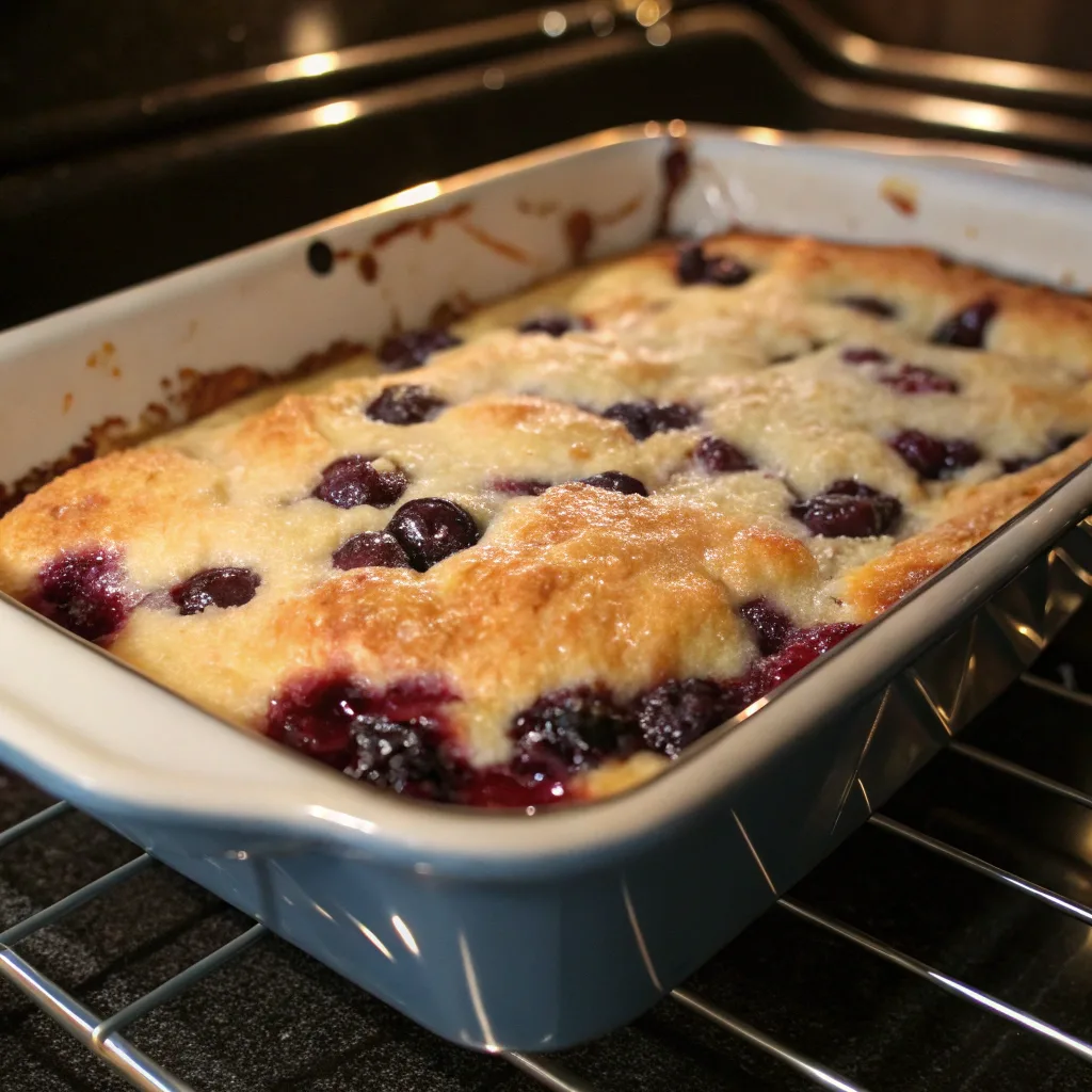 3 Ingredient Blueberry Cobbler Dump Cake Made Simple 10 Blueberry cobbler dump cake mid-bake