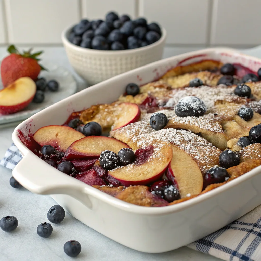6 Best Vegan Berry Cheesecake Dump Cake for Quick Desserts 2 A golden vegan blueberry apple dump cake fresh from the oven, topped with baked fruit and crumbs