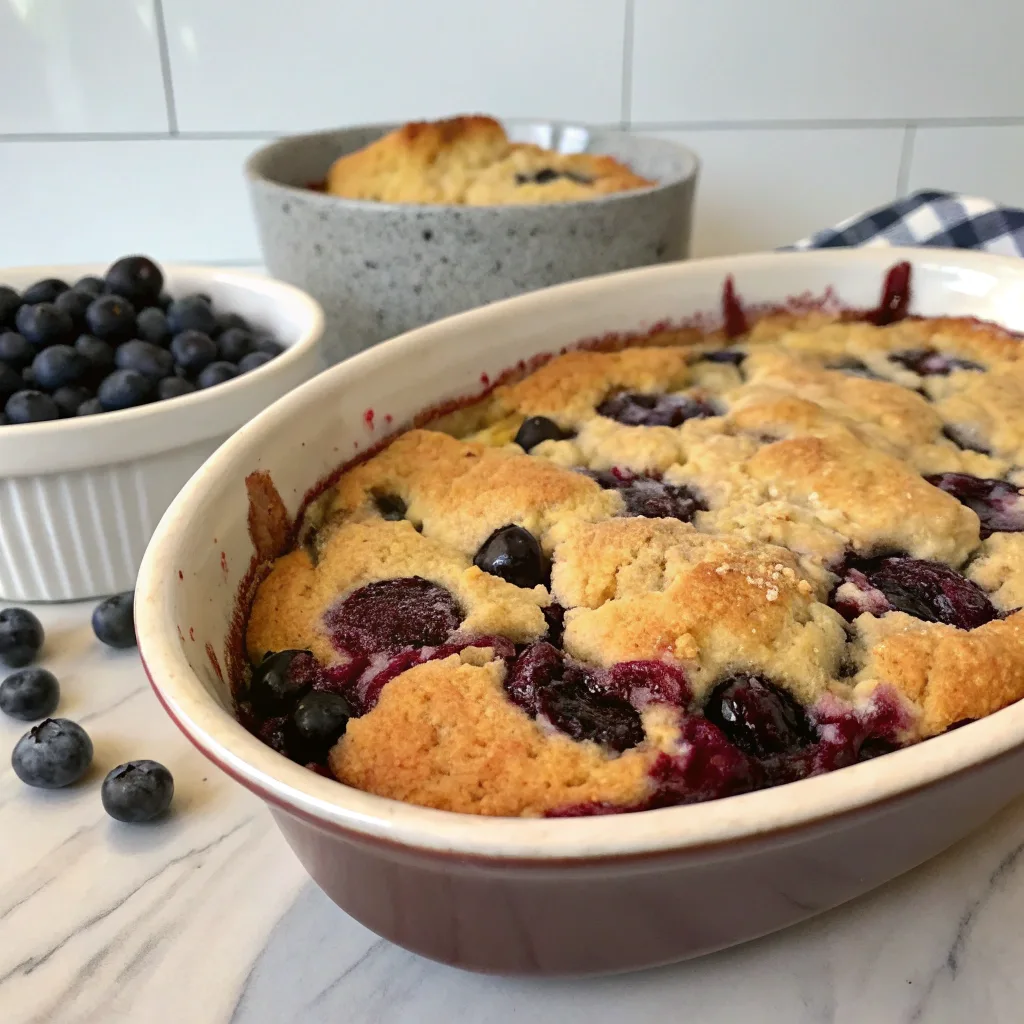 6 Best Vegan Berry Cheesecake Dump Cake for Quick Desserts 5 Warm vegan blueberry cobbler dump cake served in a rustic dish