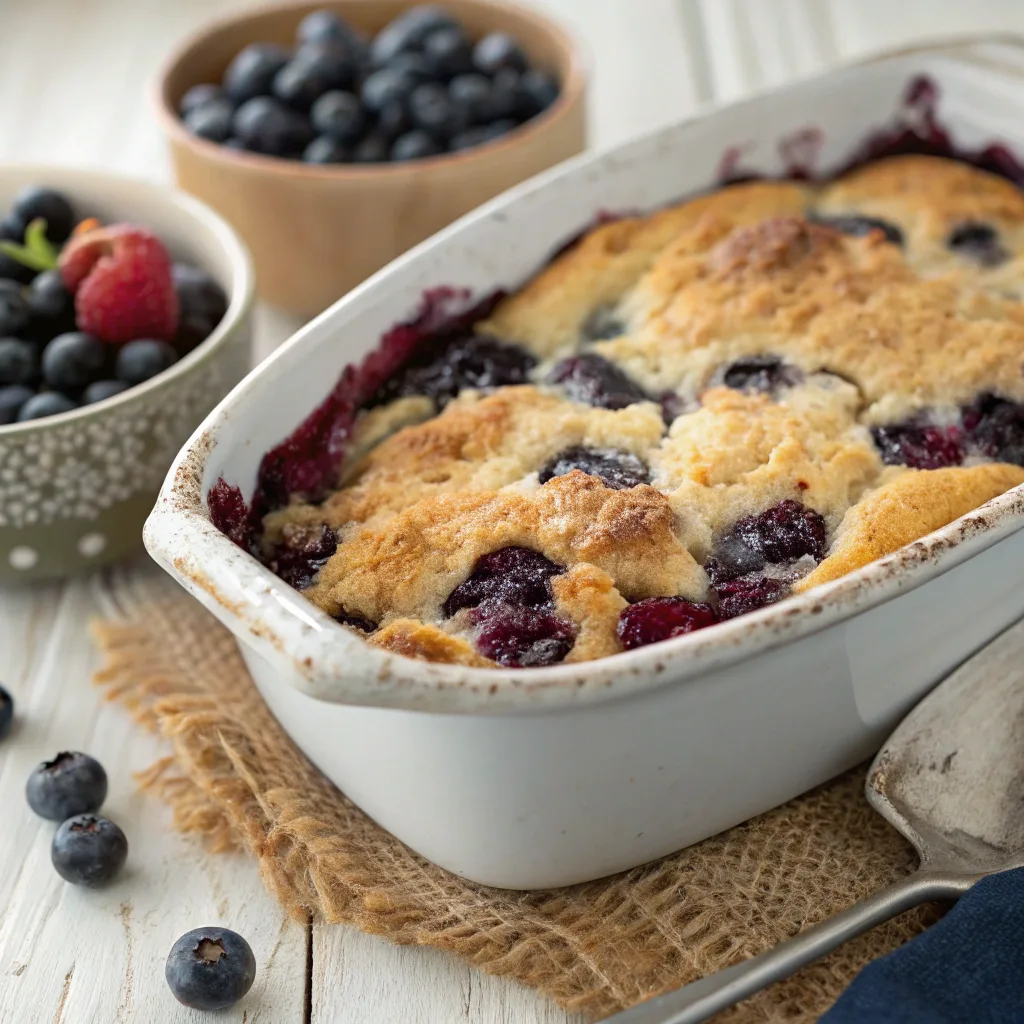 Blueberry dump cake served hot